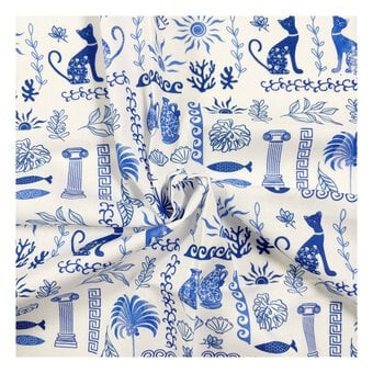 Grecian Blues Greek Mosaic Cotton Fabric by the Metre