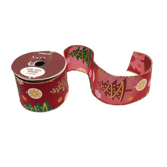 Bauble Tree Wire Edge Printed Ribbon 63mm x 3m image number 1