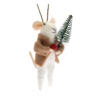 Hanging Felted Mouse with Tree Decoration 12cm