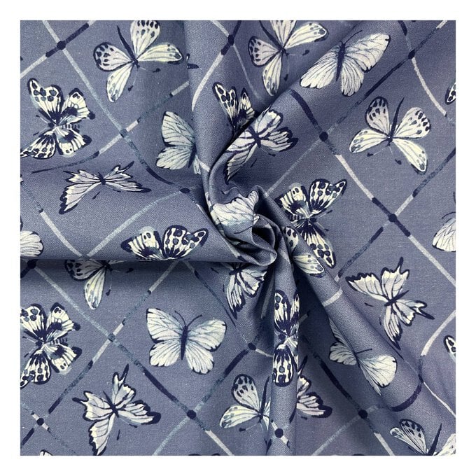 Butterflies on Blue Cotton Print Fabric by the Metre image number 1