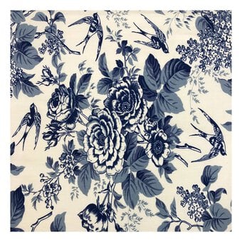 Blue Rose and Swallow Cotton Poplin Fabric by the Metre