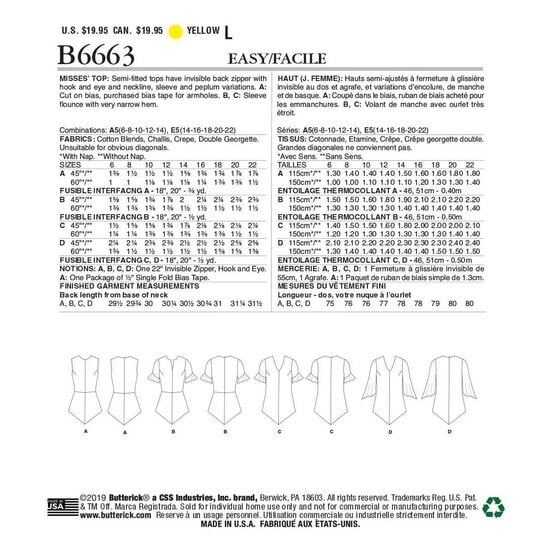 Butterick Women's Tops  Sewing Pattern B6663 (A5 6-14) image number 2