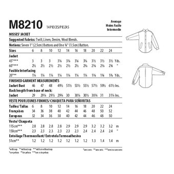 McCall's Women's Jacket  Sewing Pattern M8210 (A5 6-14)