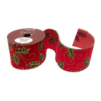 Red Holly Wire Edge Velvet Ribbon 63mm x 3m