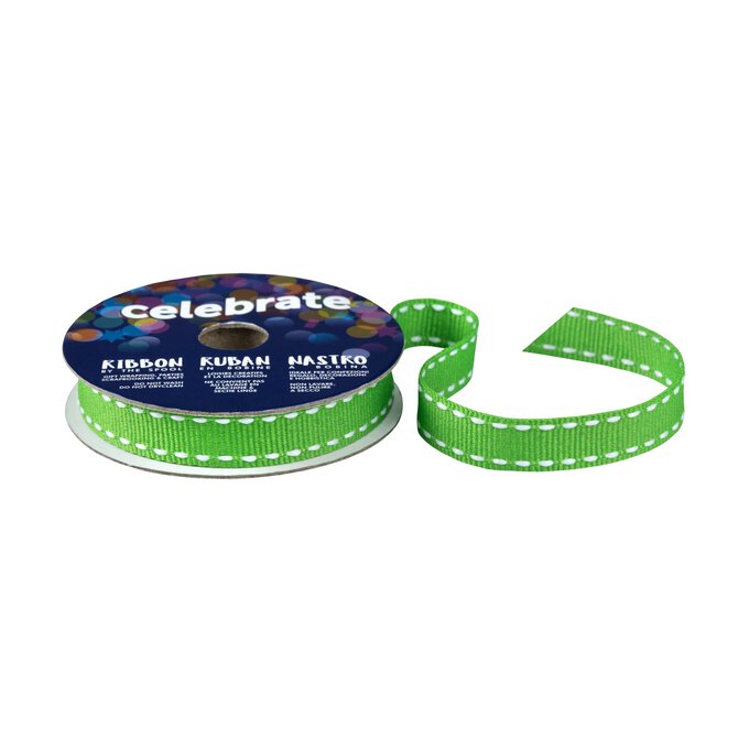 Lime Green Grosgrain Running Stitch Ribbon 9mm x 5m image number 1