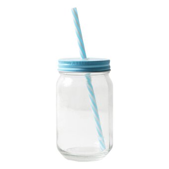 Blue Glass Drinking Jar with a Straw