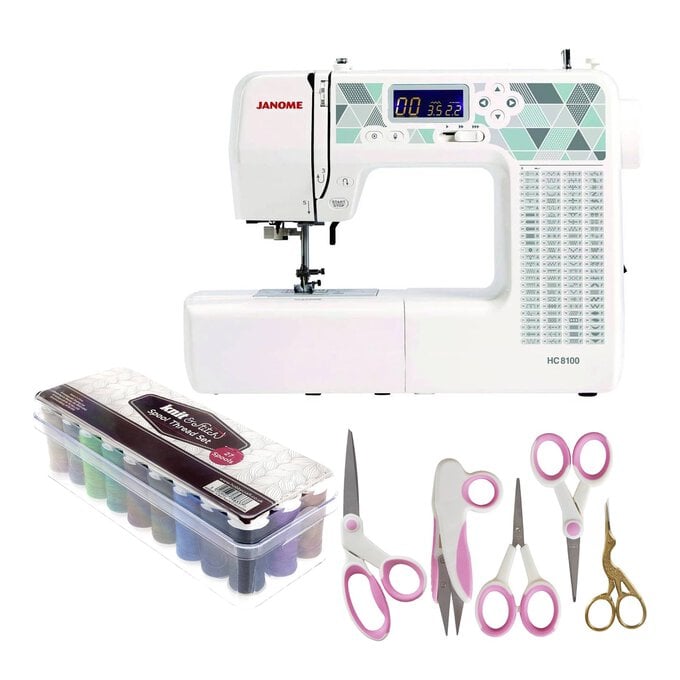 Janome HC8100 Sewing Machine, Threads and Scissors Bundle image number 1
