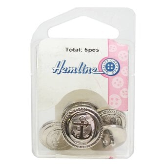 Hemline Silver Metal Military Anchors Button 5 Pack