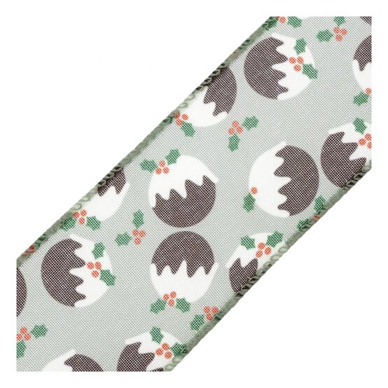 Christmas Pudding Wire Edge Printed Ribbon 63mm x 3m image number 3