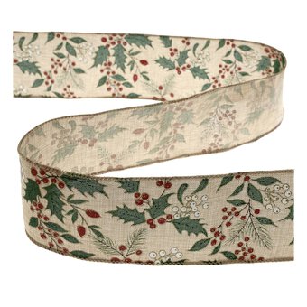 Holly and Berries Wire Edge Printed Ribbon 63mm x 3m