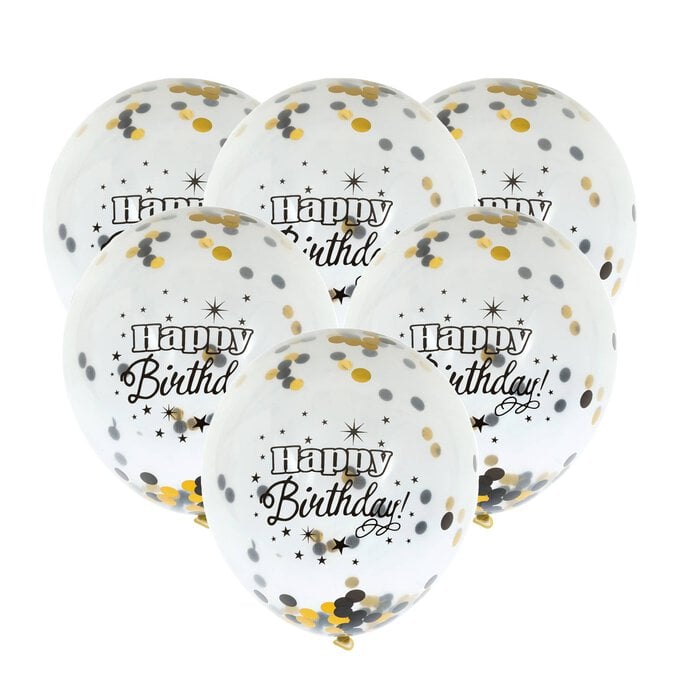 Black and Gold Happy Birthday Confetti Balloons 6 Pack image number 1