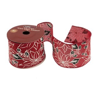 Red Poinsettia Wire Edge Printed Ribbon 63mm x 3m