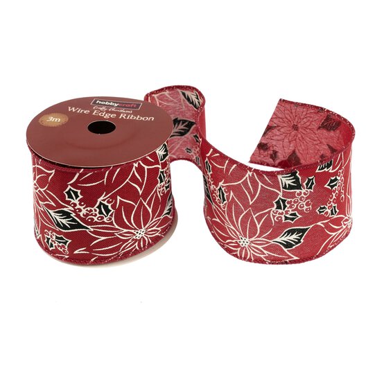 Red Poinsettia Wire Edge Printed Ribbon 63mm x 3m image number 1