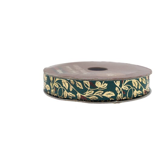 Green and Gold Metallic Leaf Printed Ribbon 10mm x 3m image number 5