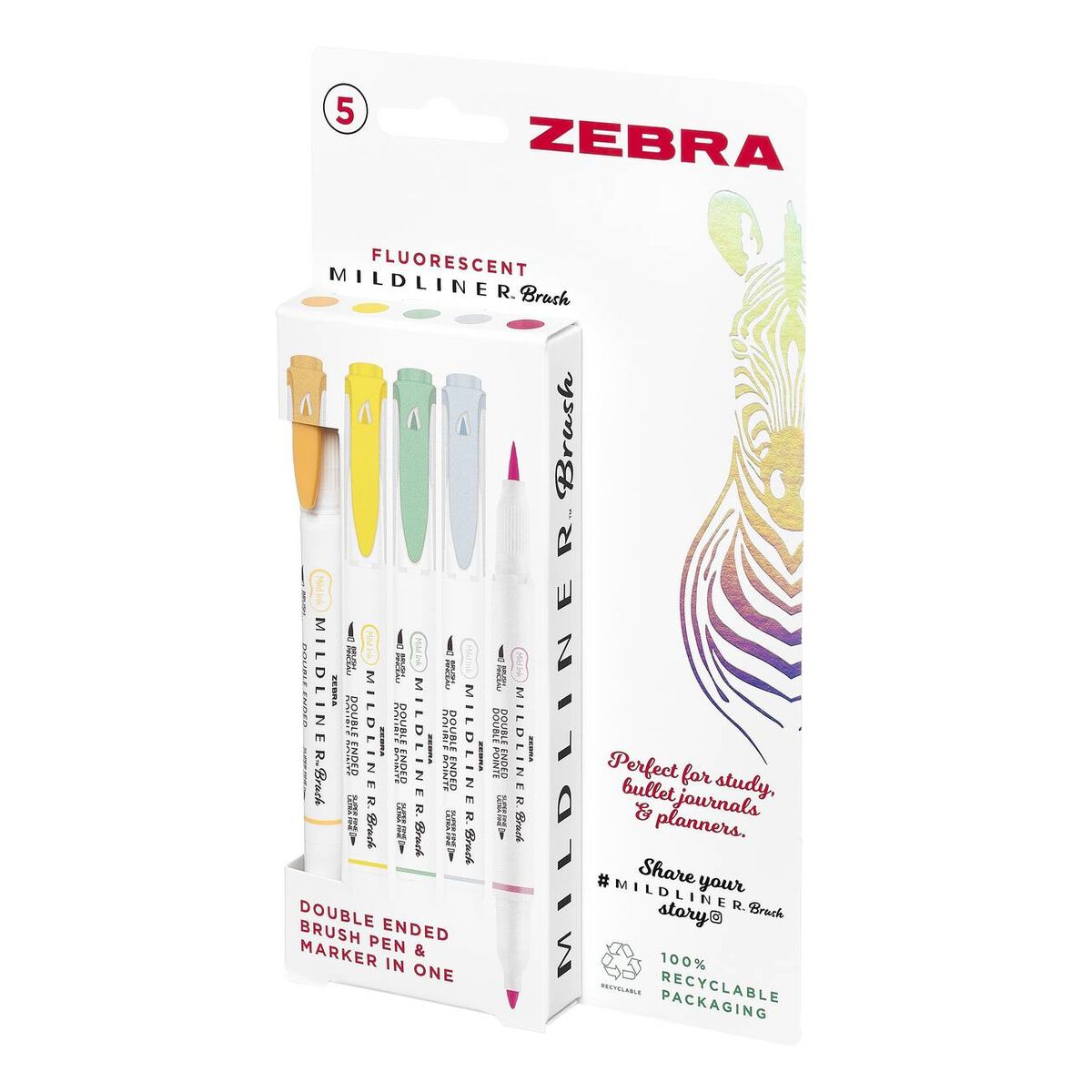 Zebra Fluorescent Midliner Brush Pens 5 Pack Hobbycraft