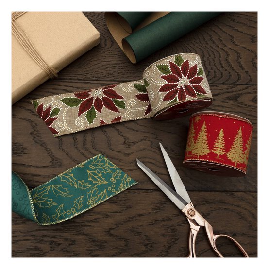Stitched Poinsettia Wire Edge Printed Ribbon 63mm x 3m image number 3