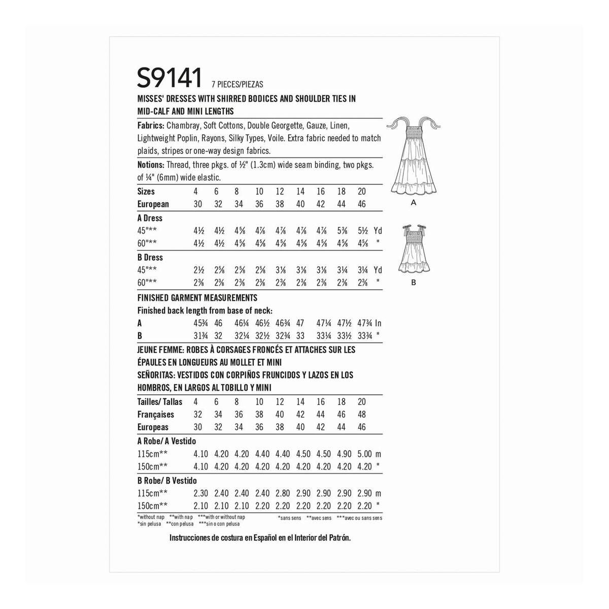 Simplicity Shirred Bodice Dress Sewing Pattern S9141 (1220) Hobbycraft