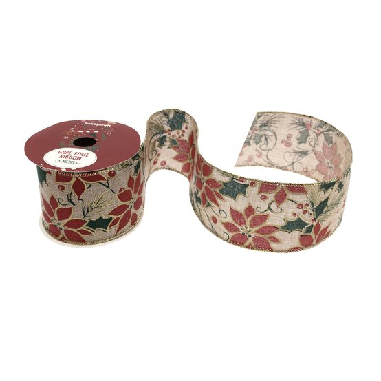 Poinsettia Wire Edge Printed Ribbon 63mm x 3m image number 1