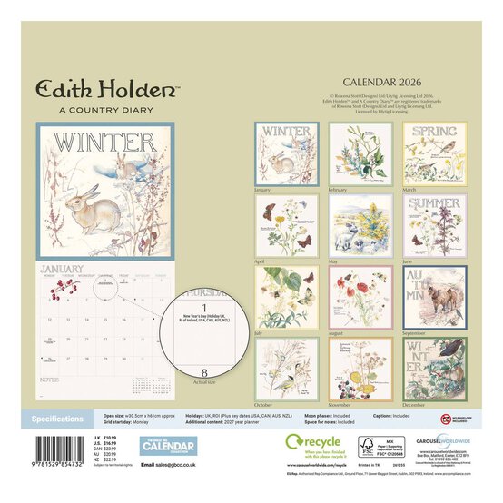 Edith Holden A Country Diary Wall Calendar 2026 image number 5