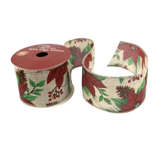 Poinsettia Pinecones Wire Edge Printed Ribbon 63mm x 3m image number 1
