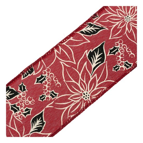 Red Poinsettia Wire Edge Printed Ribbon 63mm x 3m image number 3