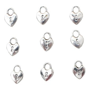 Silver Heart Lock Metal Charms 9 Pack