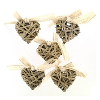 Natural Wicker Hearts with Bows 5cm 5 Pack