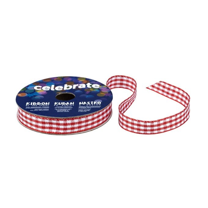 Red Gingham Ribbon 9mm x 5m image number 1