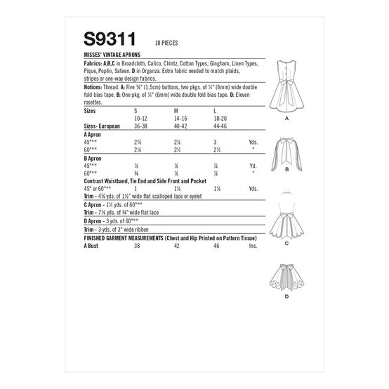 Simplicity Vintage Aprons Sewing Pattern S9311 image number 2