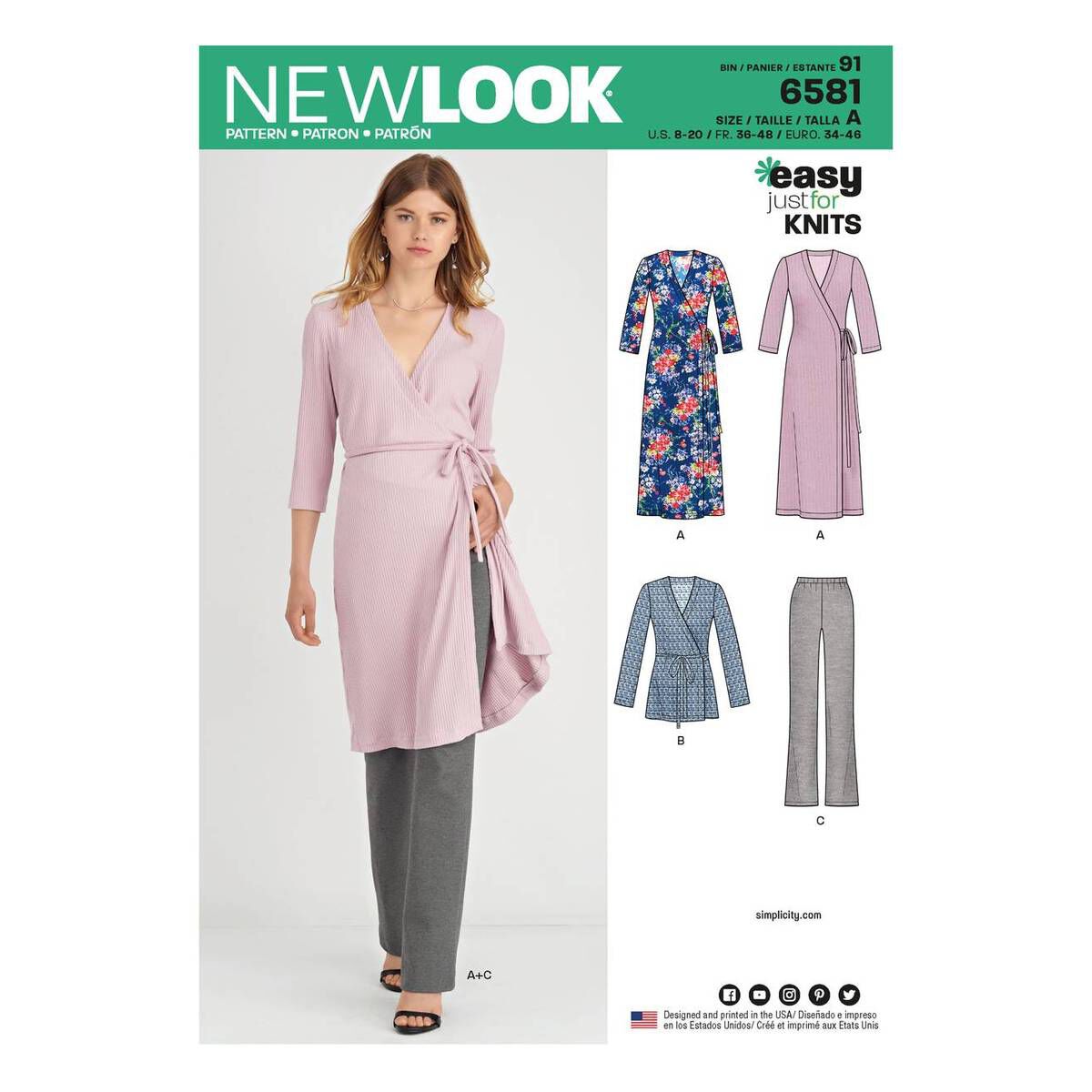 New Look Easy Sewing Pattern 6581 Misses Knit Wrap Dress,Tunic,Trousers 8-20
