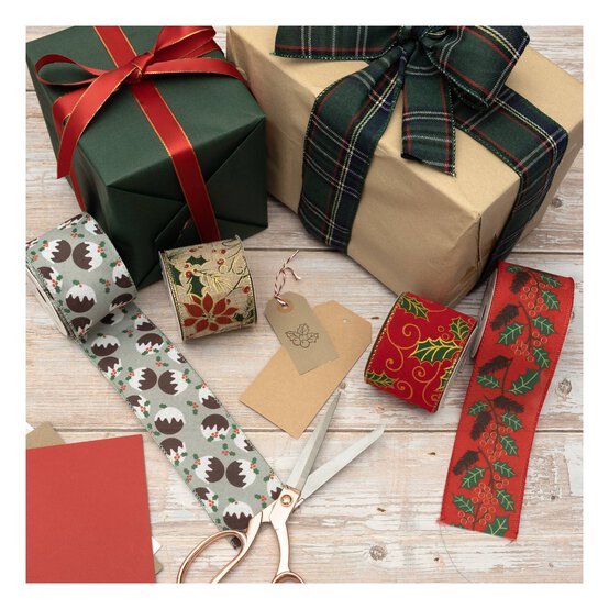 Christmas Pudding Wire Edge Printed Ribbon 63mm x 3m image number 2