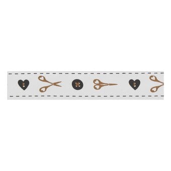 Gold and Grey Buttons and Scissors Satin Ribbon 16mm x 4m