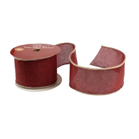 Red and Jute Trim Wire Edge Ribbon 63mm x 3m image number 1