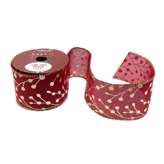 Gold Berries Wire Edge Printed Ribbon 63mm x 3m image number 1