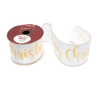 White Merry Christmas Wire Edge Printed Ribbon 63mm x 3m