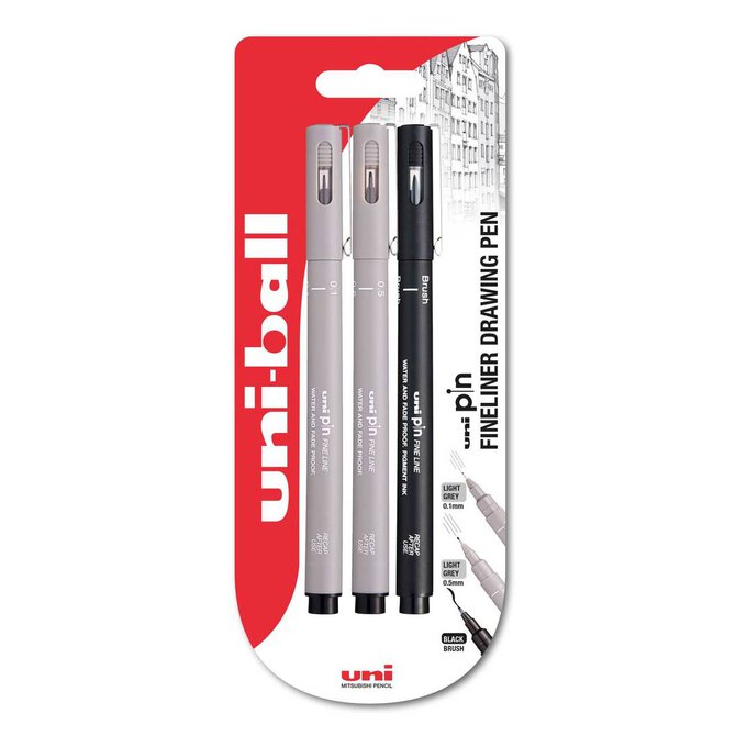 Uni Pin Light Grey and Black Fineliner Drawing Pens 3 Pack image number 1
