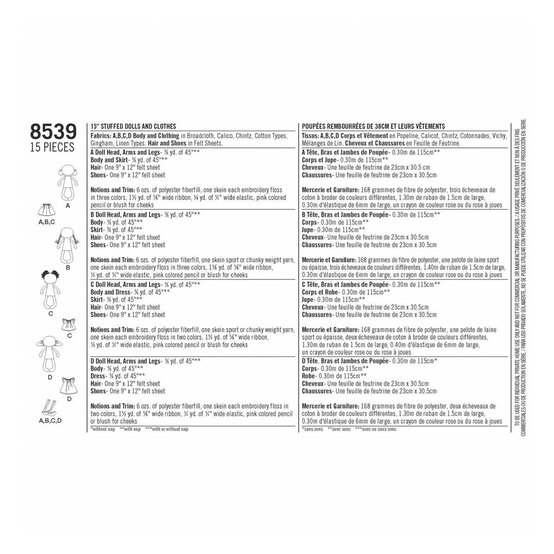 Simplicity Whimsy Dolls Sewing Pattern 8539 image number 2