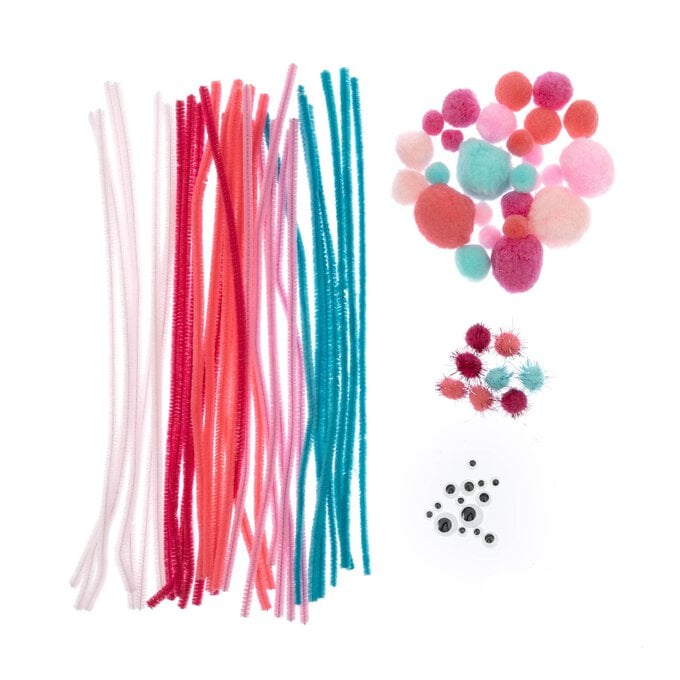 Pink and Teal Pipe Cleaners and Poms Craft Pack 80 Pieces image number 1