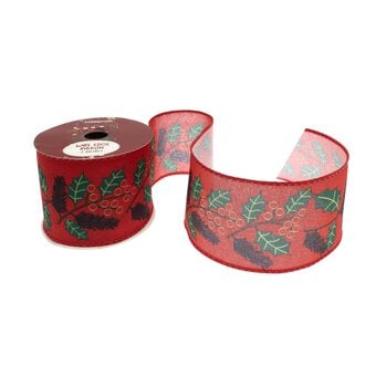 Holly and Berries Wire Edge Printed Ribbon 63mm x 3m