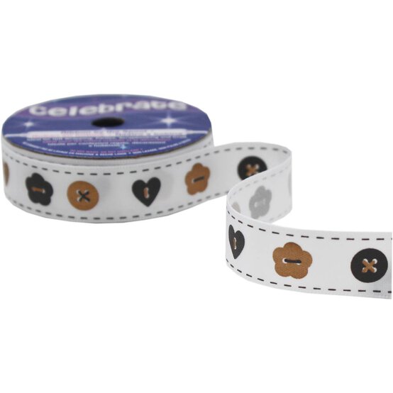 Gold and Grey Buttons Satin Ribbon 16mm x 4m image number 3