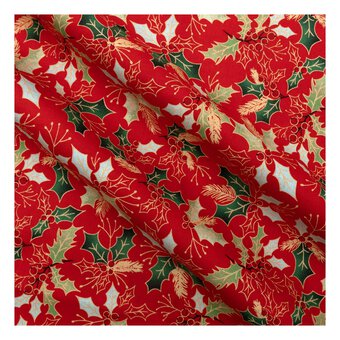 Red Traditional Holly Cotton Fabric by the Metre