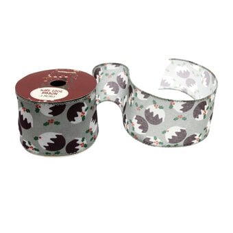 Christmas Pudding Wire Edge Printed Ribbon 63mm x 3m