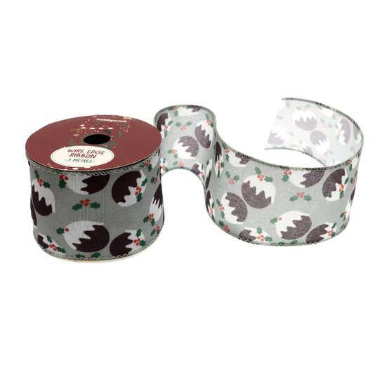 Christmas Pudding Wire Edge Printed Ribbon 63mm x 3m image number 1
