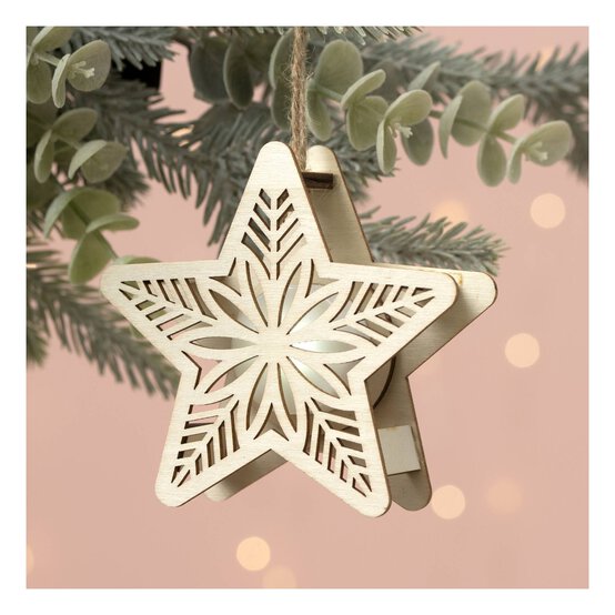 Light-Up Wooden Hanging Snowflake Decoration 10.5cm image number 1