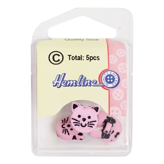 Hemline Pink Novelty Cat Button 5 Pack image number 2
