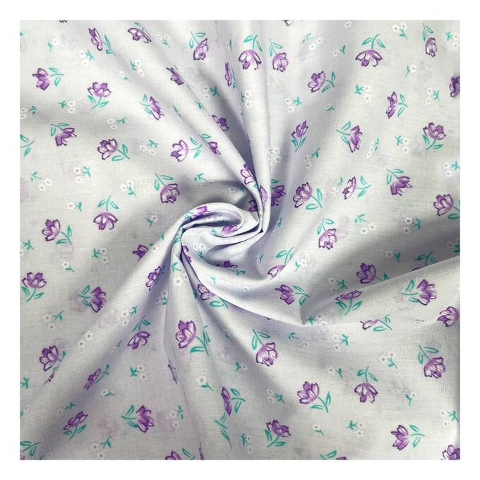 Lilac and White Floral Polycotton Fabric by the Metre image number 1