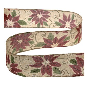 Stitched Poinsettia Wire Edge Printed Ribbon 63mm x 3m