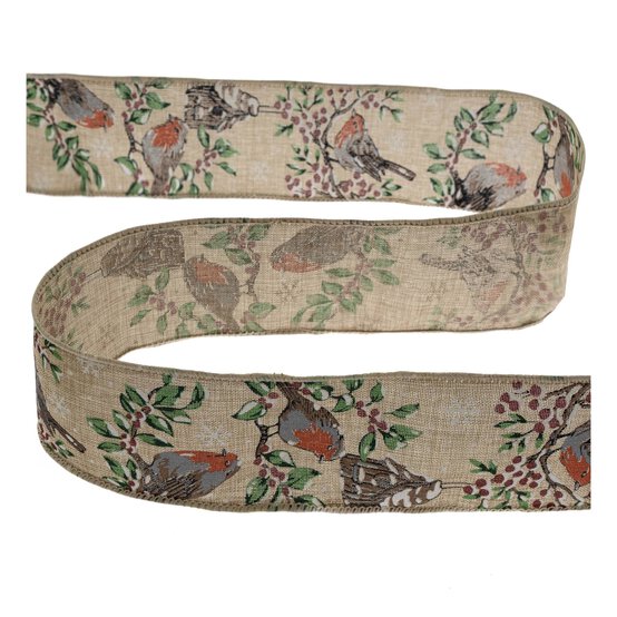 Festive Robin Wire Edge Printed Ribbon 63mm x 3m image number 2