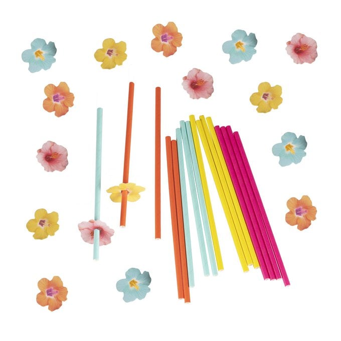 Ginger Ray Tropical Paper Straws with Flower Toppers 16 Pack image number 1
