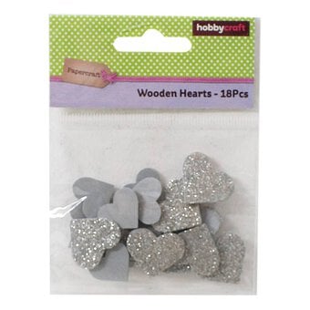 Silver Glitter Wooden Hearts 18 Pack